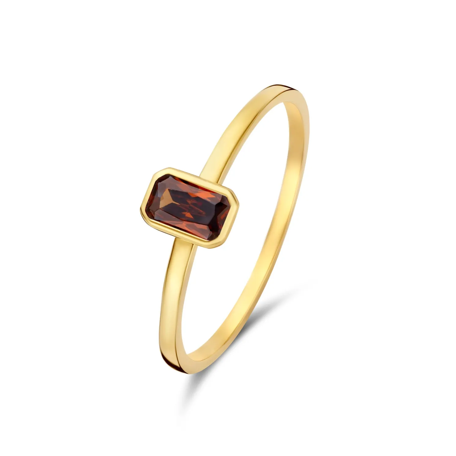 Baguette Brune 14 karaat gouden ring met bruine zirkonia steen