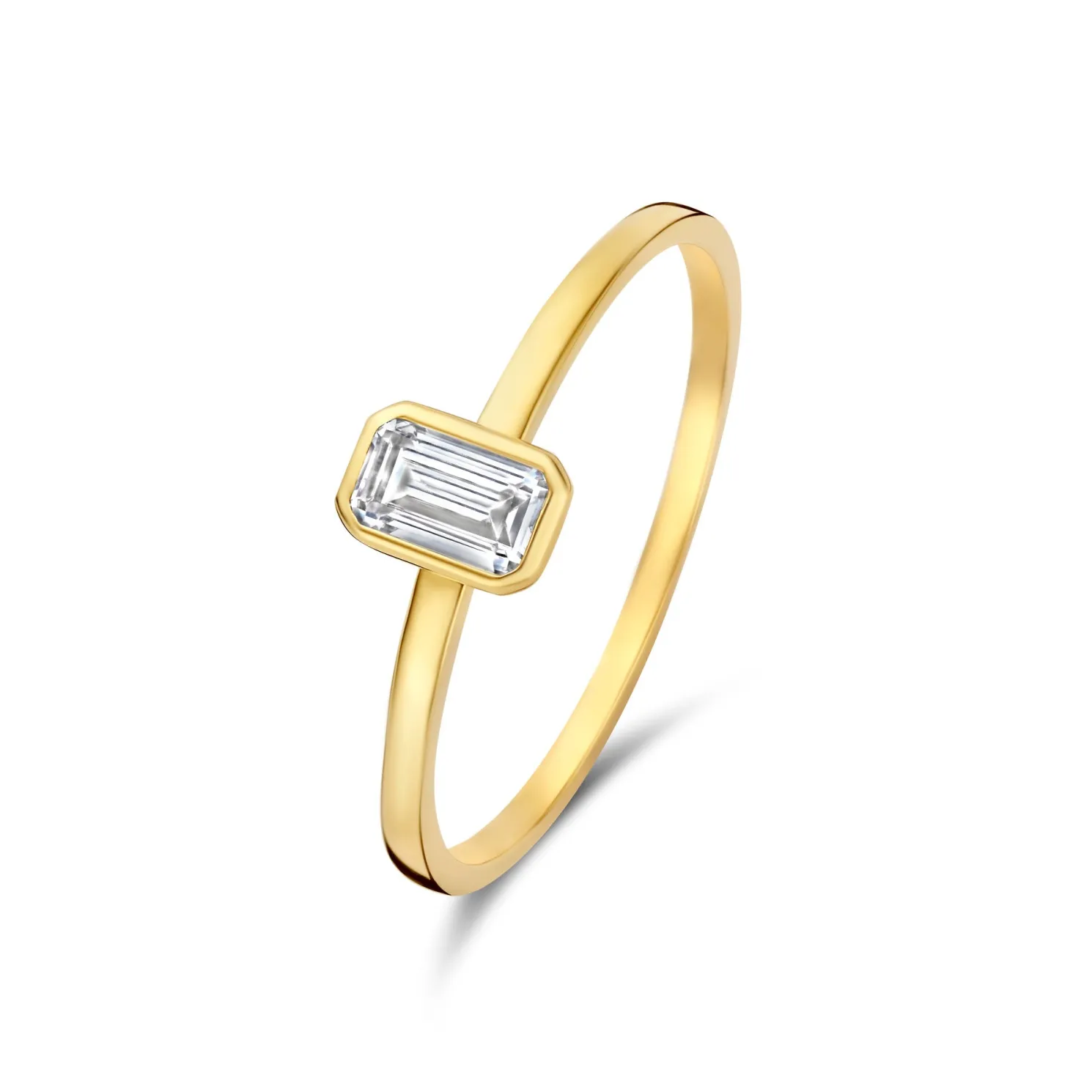 Baguette Genevieve 14 karaat gouden ring met witte zirkonia steen