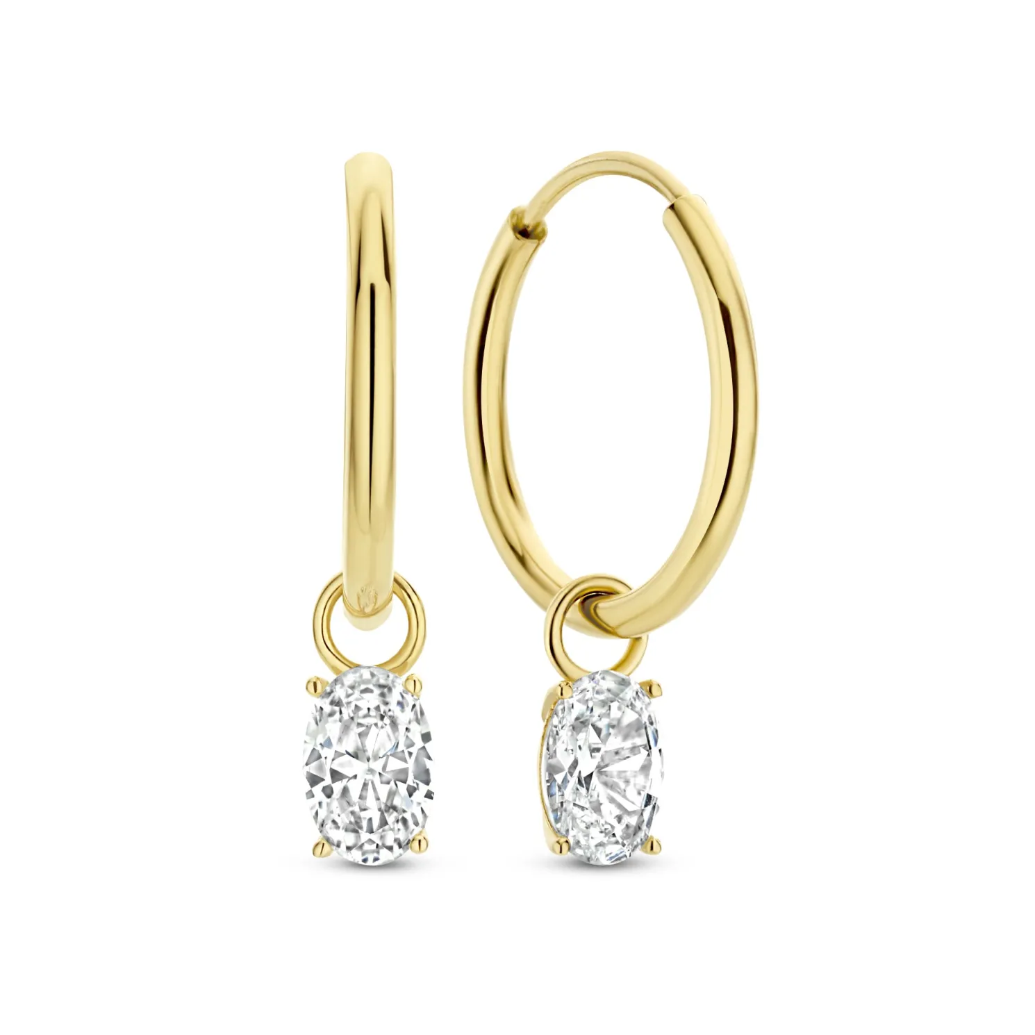 Baguette Genevieve 14 karaat gouden creolen met witte zirkonia steen