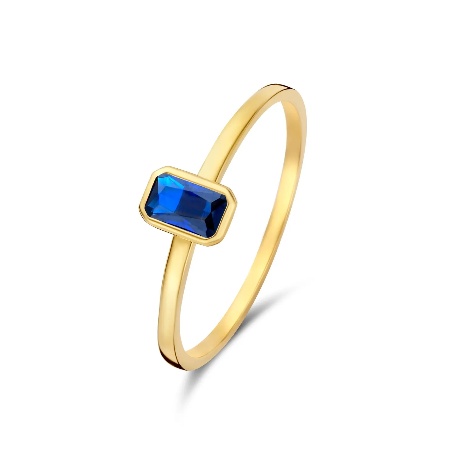 Baguette Nila 14 karaat gouden ring met blauwe zirkonia steen