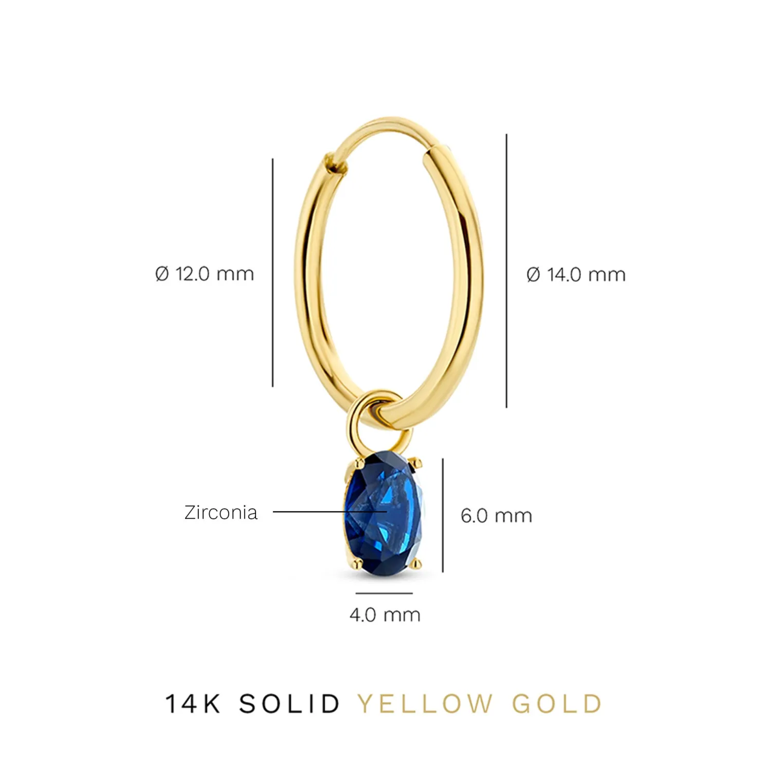 Baguette Nila 14 karaat gouden creolen met blauwe zirkonia steen