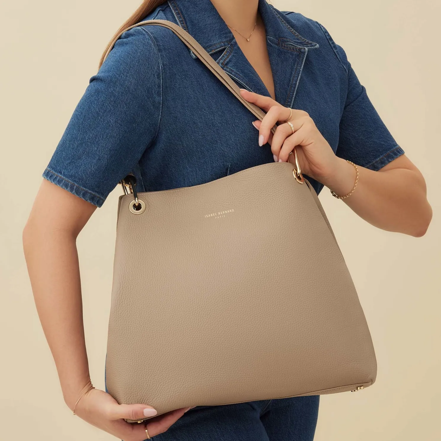 Femme Forte Annabelle taupe leren schoudertas van kalfsleer