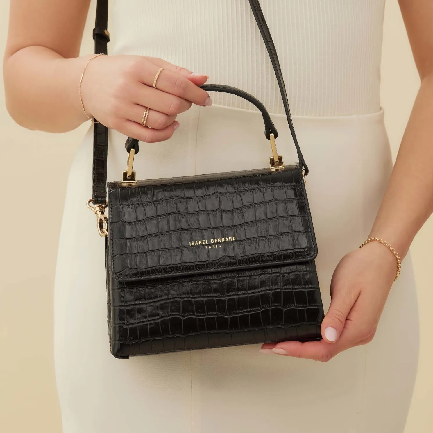 Femme Forte Heline croco zwarte leren handtas van kalfsleer