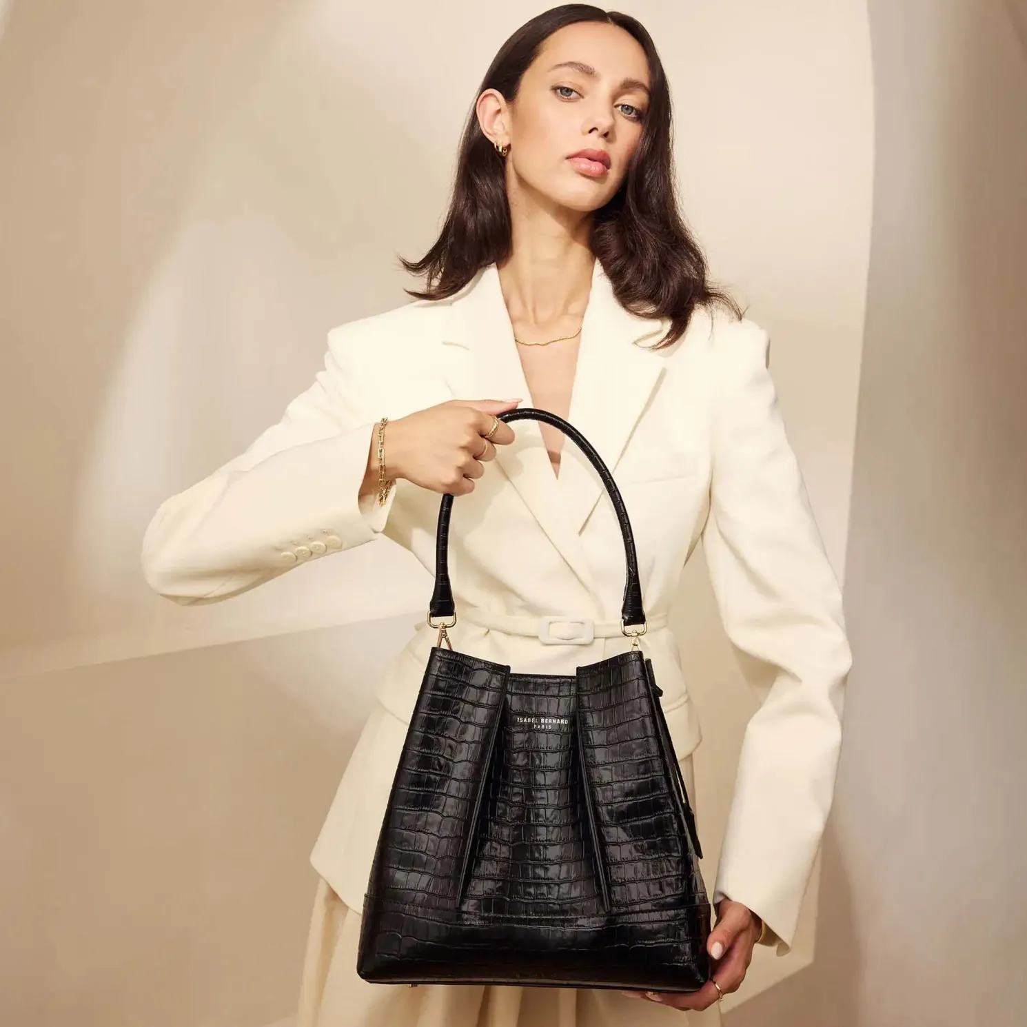 Femme Forte Macie croco zwarte leren schoudertas van kalfsleer