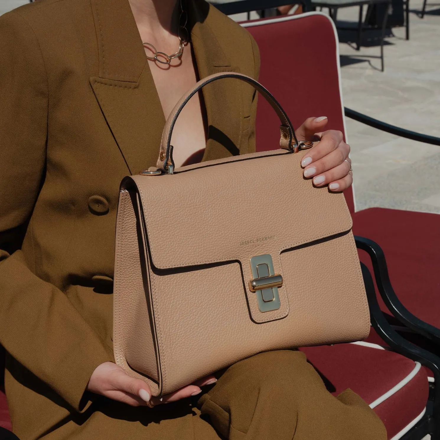 Femme Forte Simone Midi beige leren handtas van kalfsleer