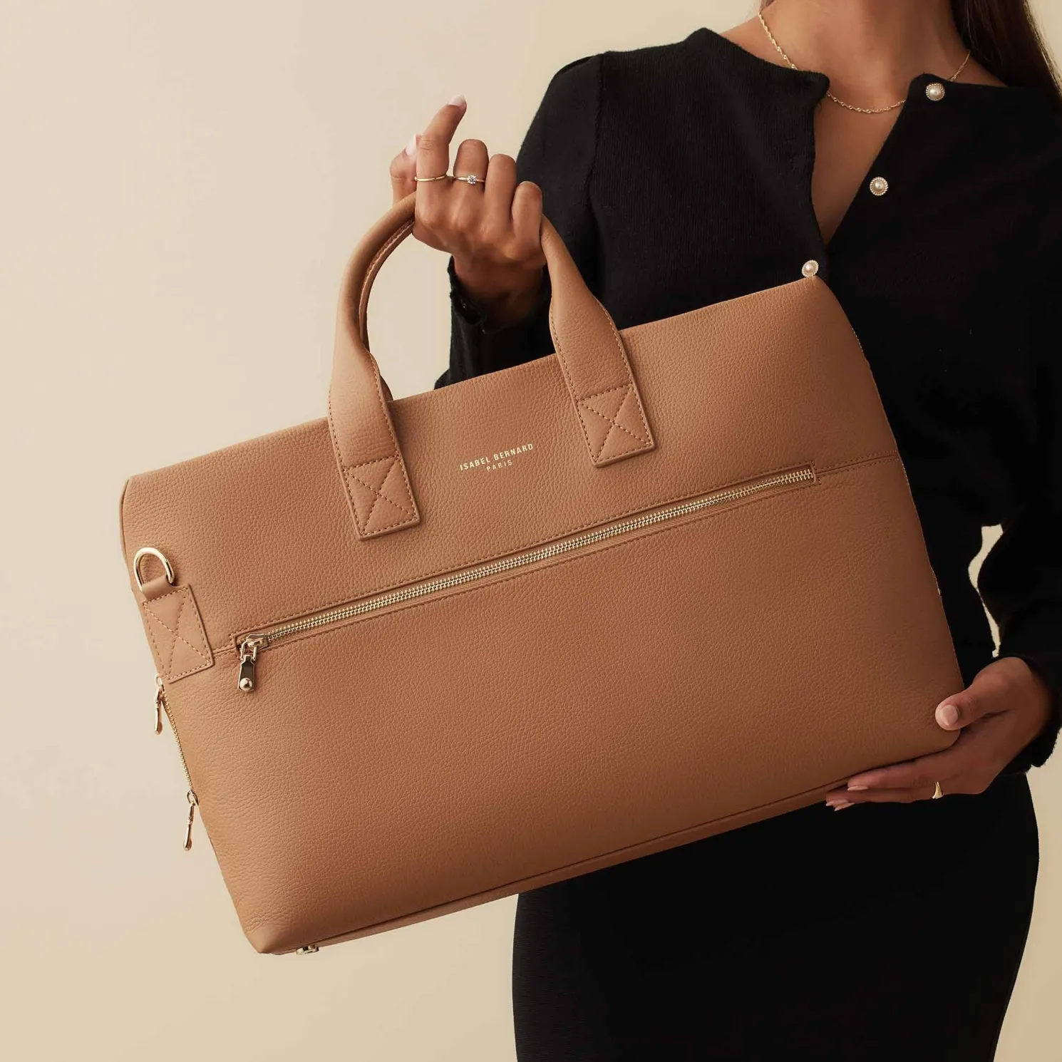 Honoré Anique camel leren handtas van kalfsleer met 16.4 inch laptopvak