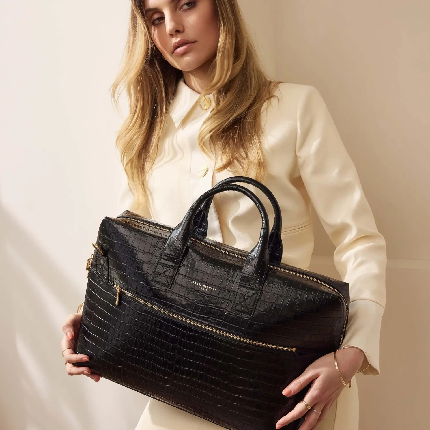 Honoré Anique croco zwarte leren handtas van kalfsleer met 16.4 inch laptopvak