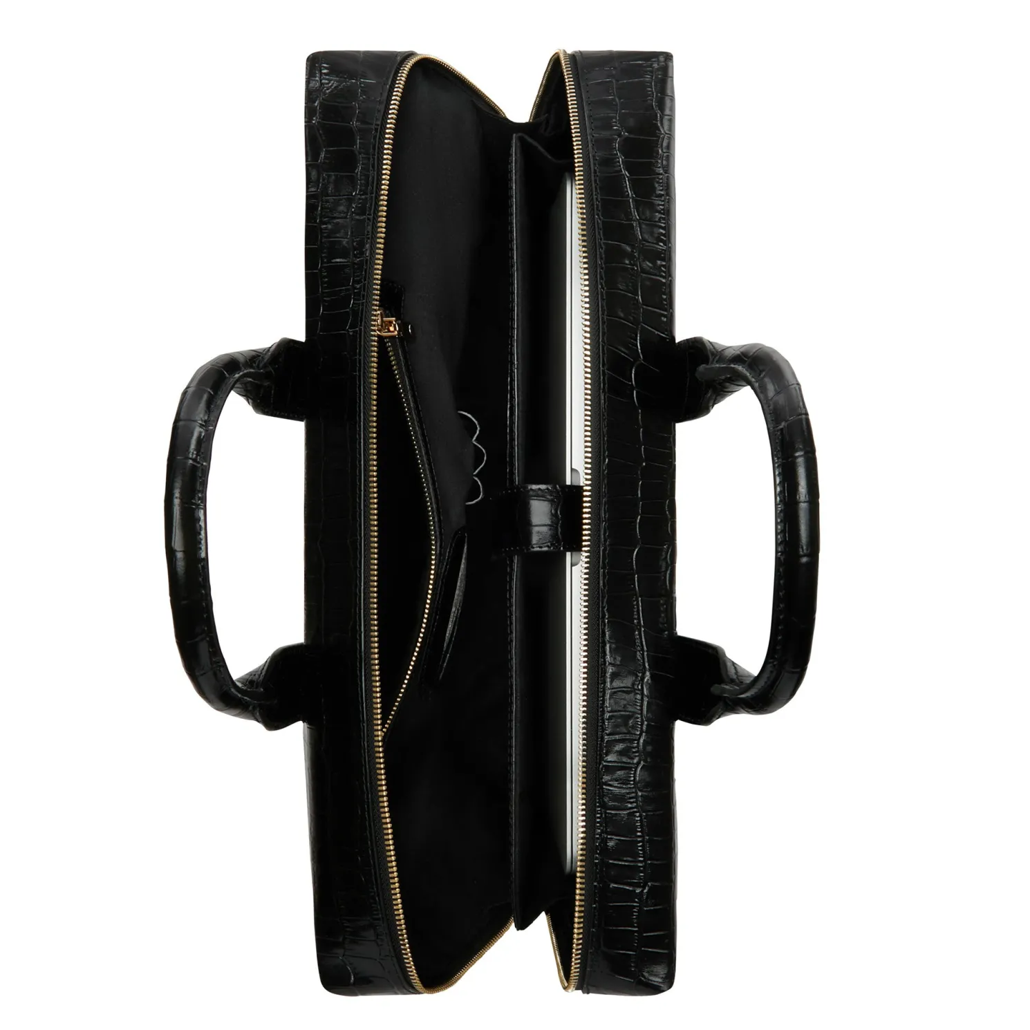 Honoré Anique croco zwarte leren handtas van kalfsleer met 16.4 inch laptopvak