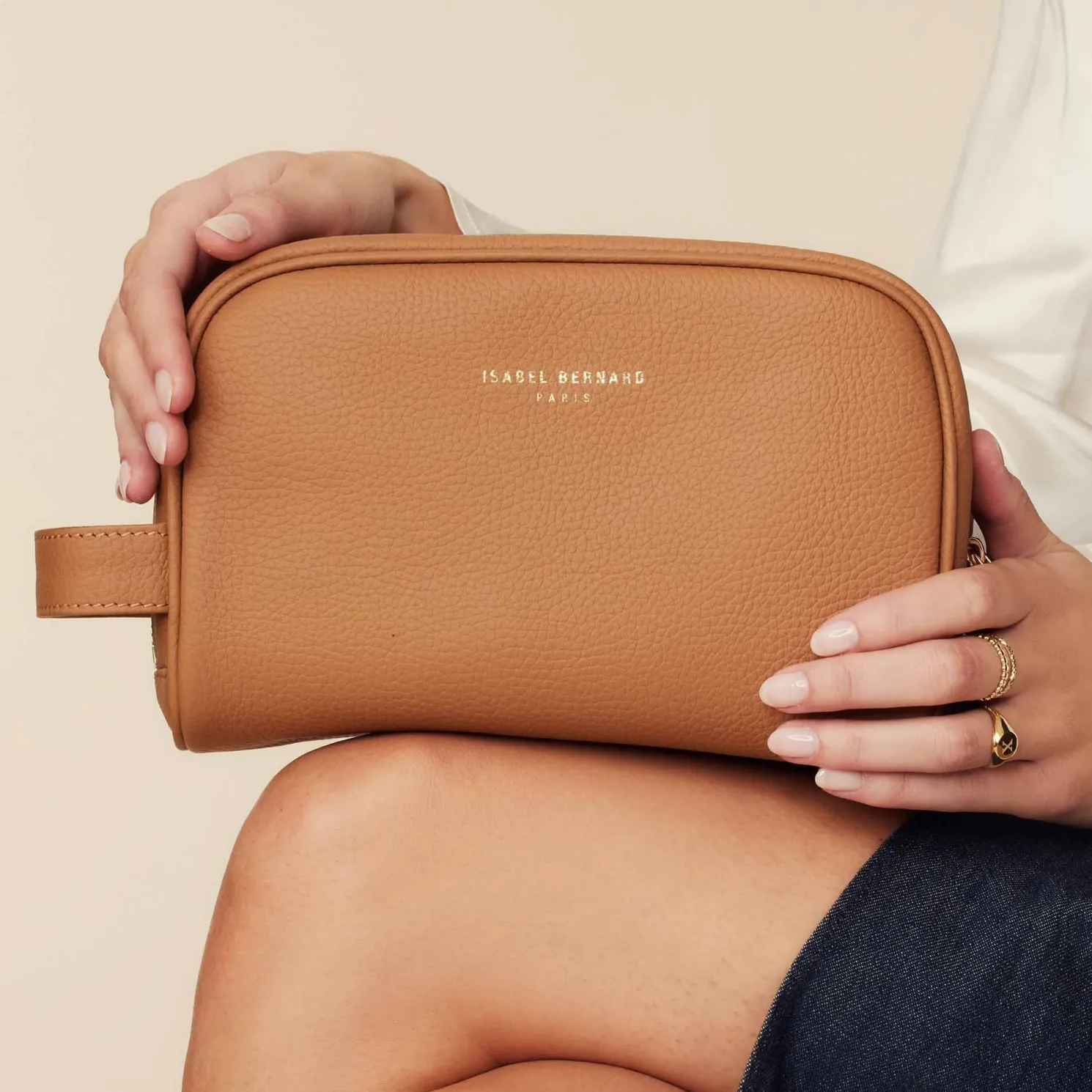 Honoré Blaize camel leren toilettas van kalfsleer