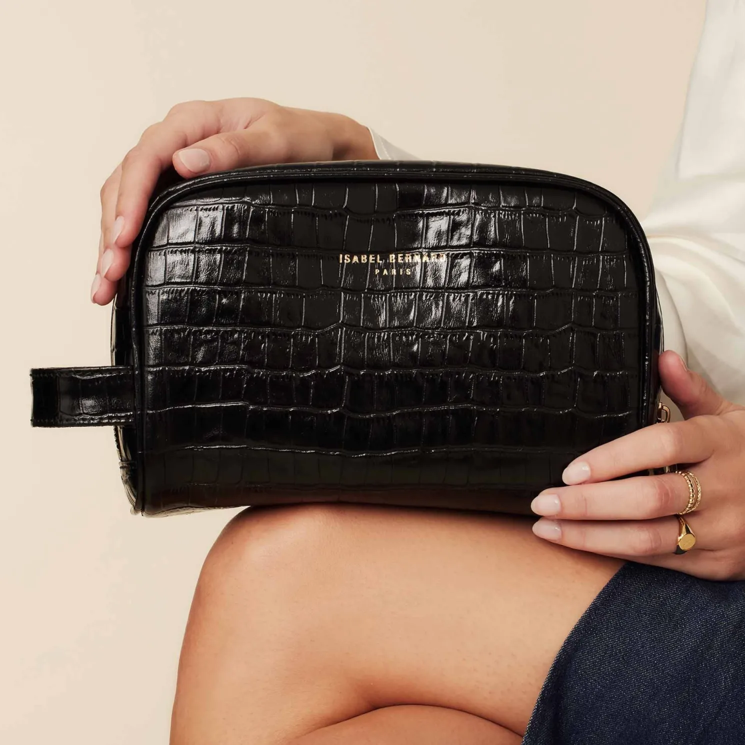 Honoré Blaize croco zwarte leren toilettas van kalfsleer