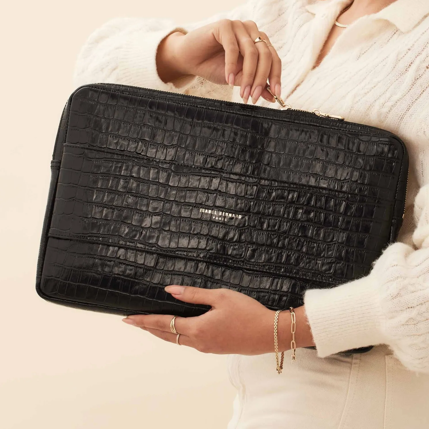 Honoré Caress croco zwarte leren laptop hoes van kalfsleer