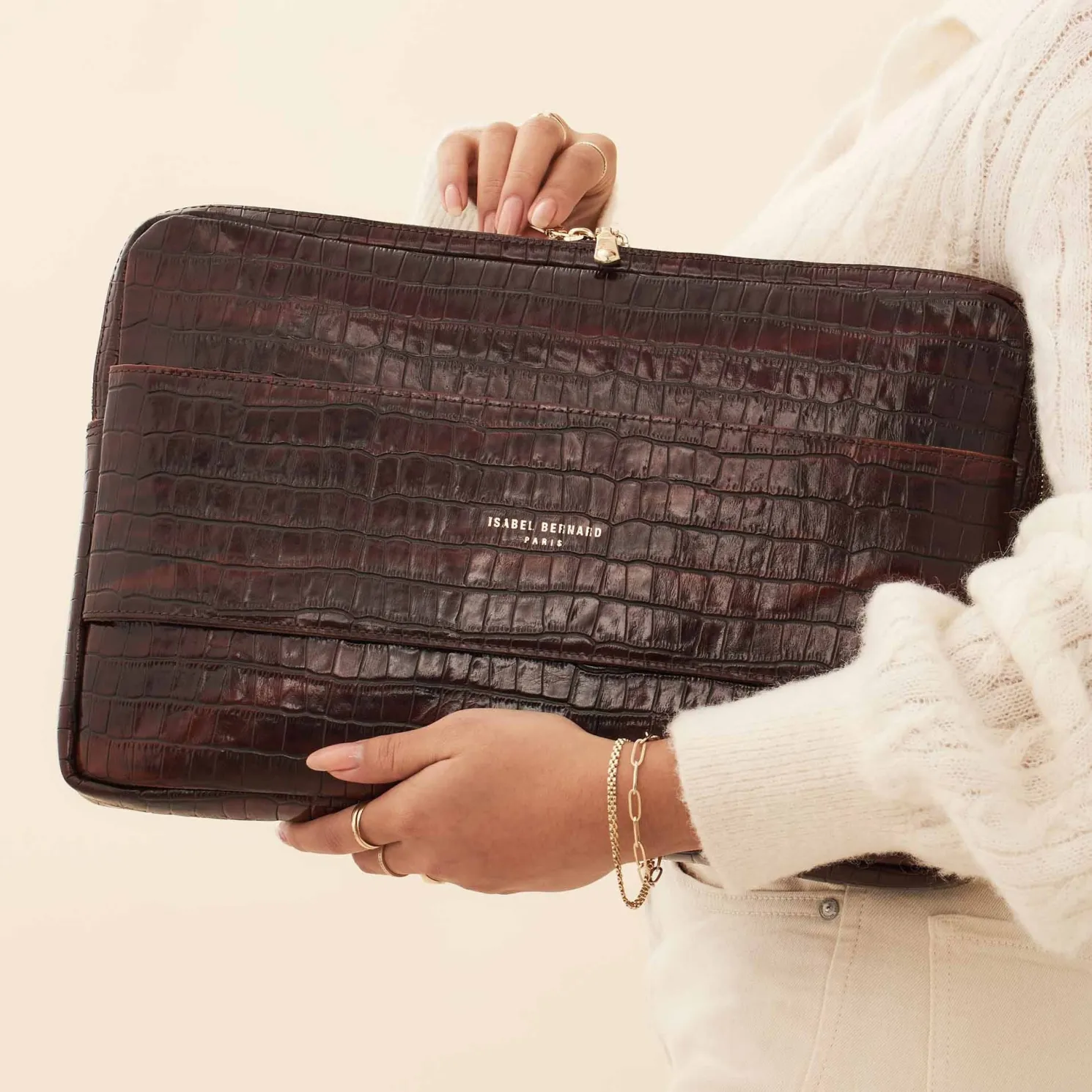 Honoré Caress croco bruine leren laptop hoes van kalfsleer