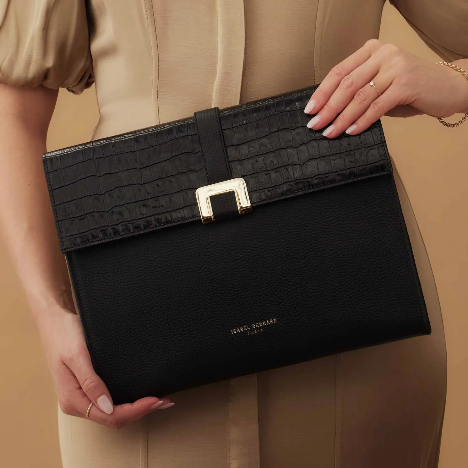 Honoré Clara croco zwarte leren laptop hoes van kalfsleer met schouderriem