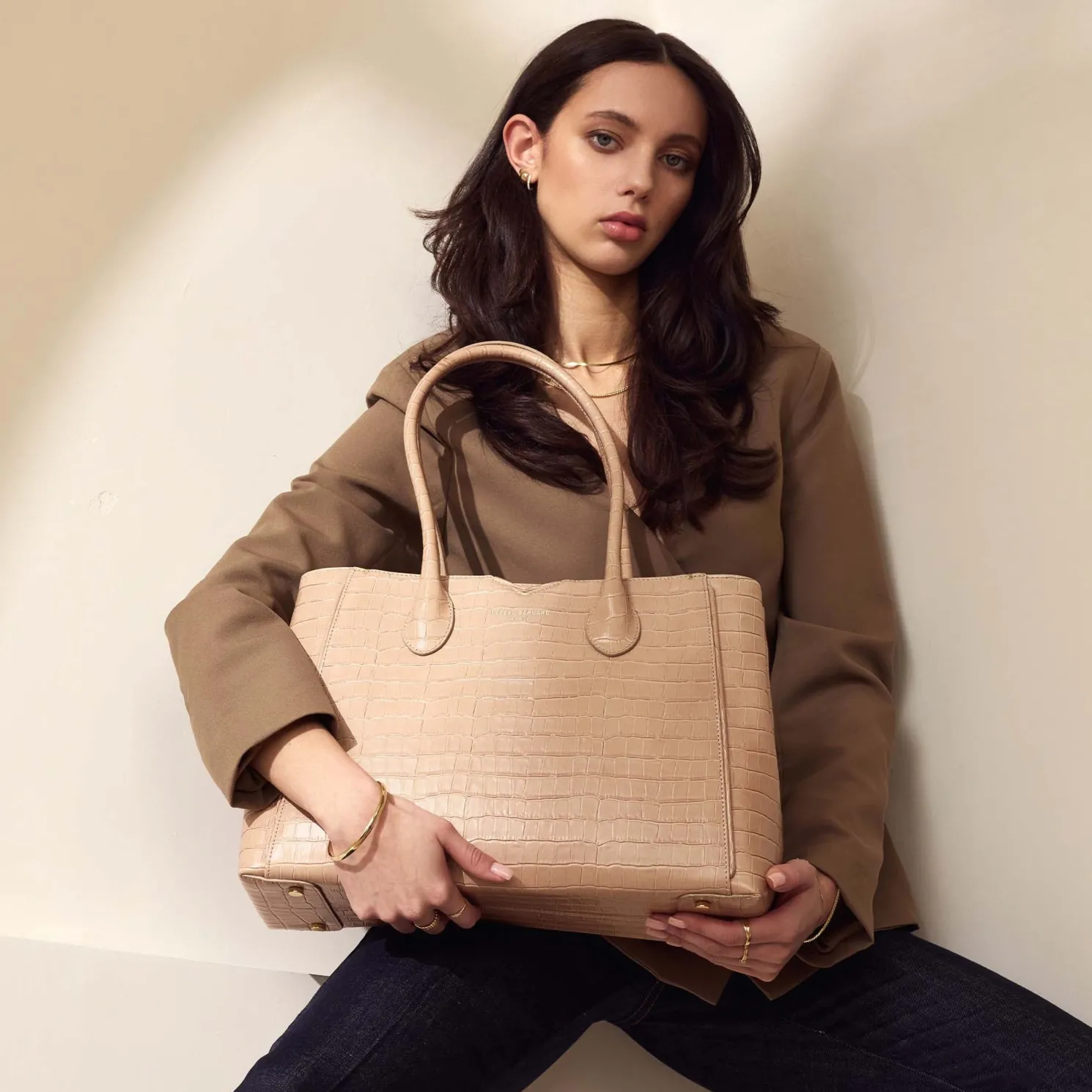 Honoré Cloe croco beige leren handtas van kalfsleer