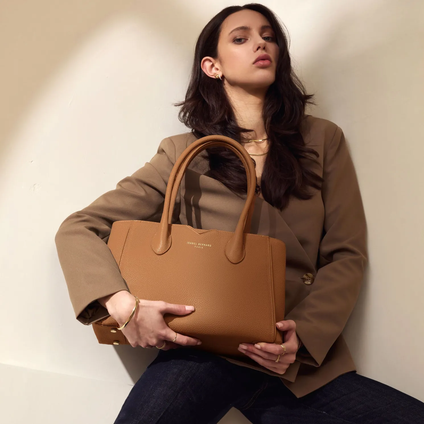 Honoré Cloe Midi camel leren handtas van kalfsleer