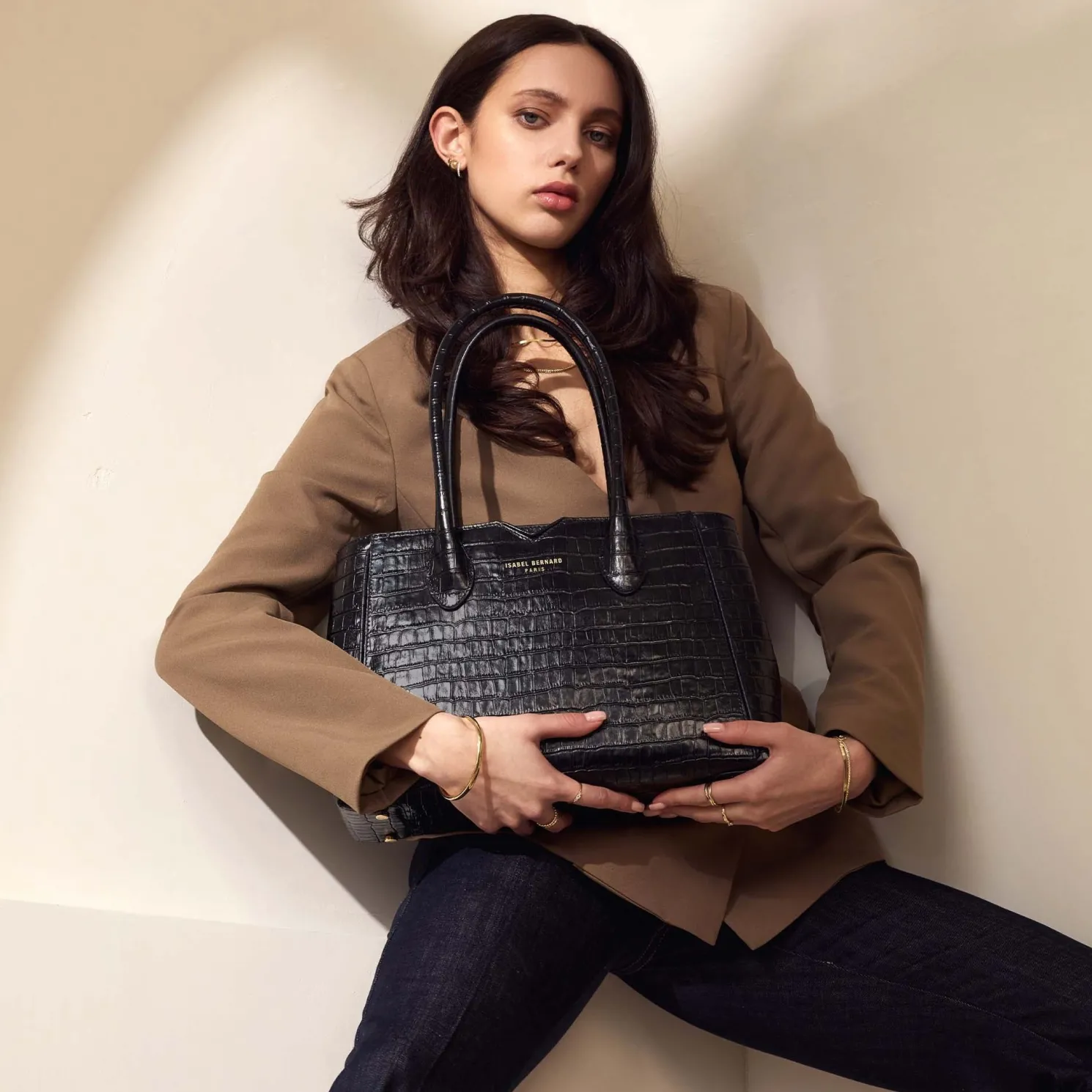 Honoré Cloe Midi croco zwarte leren handtas van kalfsleer