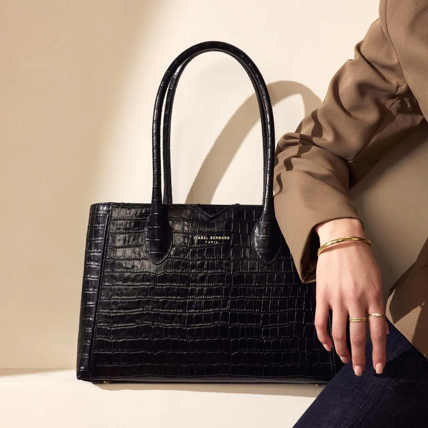 Honoré Cloe Midi croco zwarte leren handtas van kalfsleer