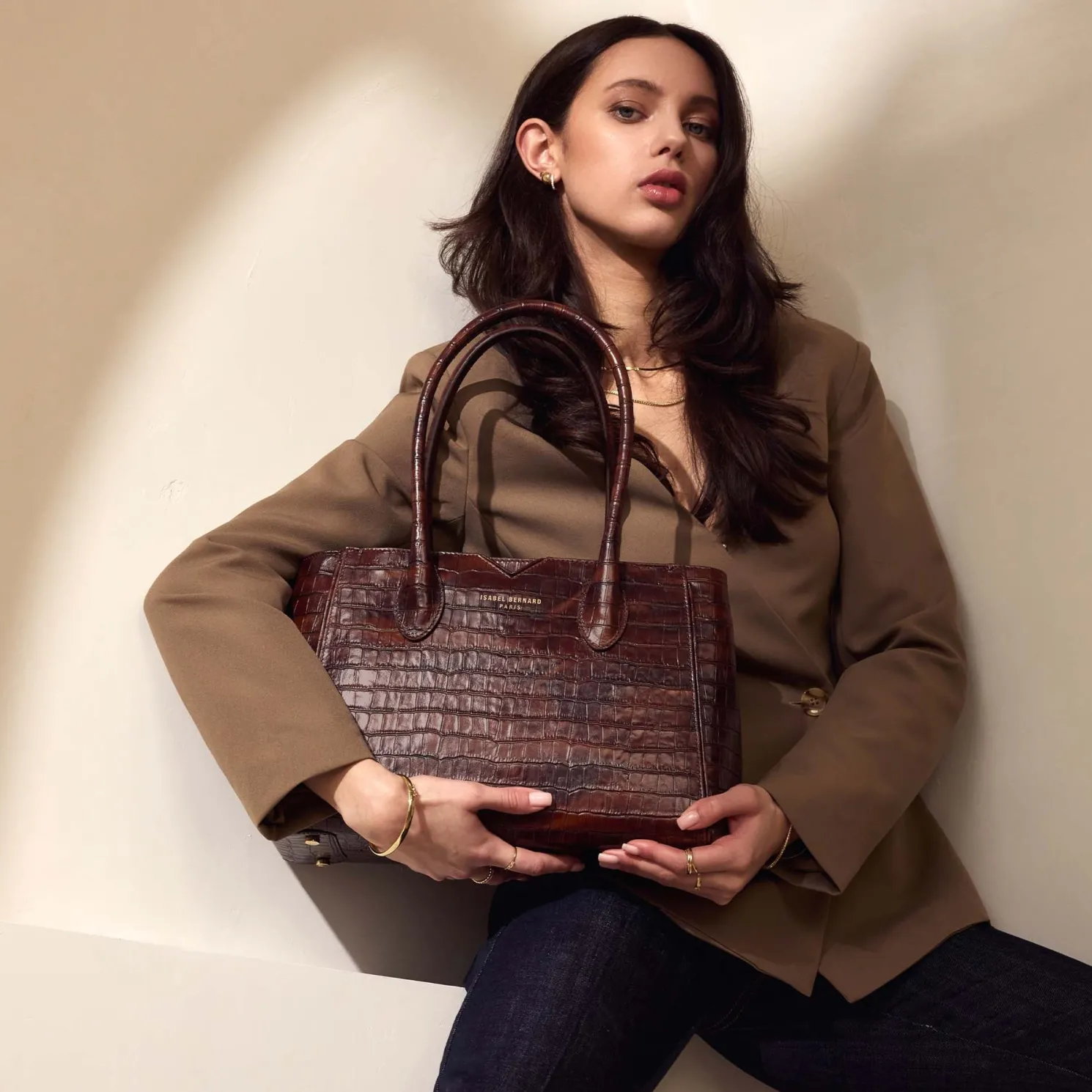 Honoré Cloe Midi croco bruine leren handtas van kalfsleer