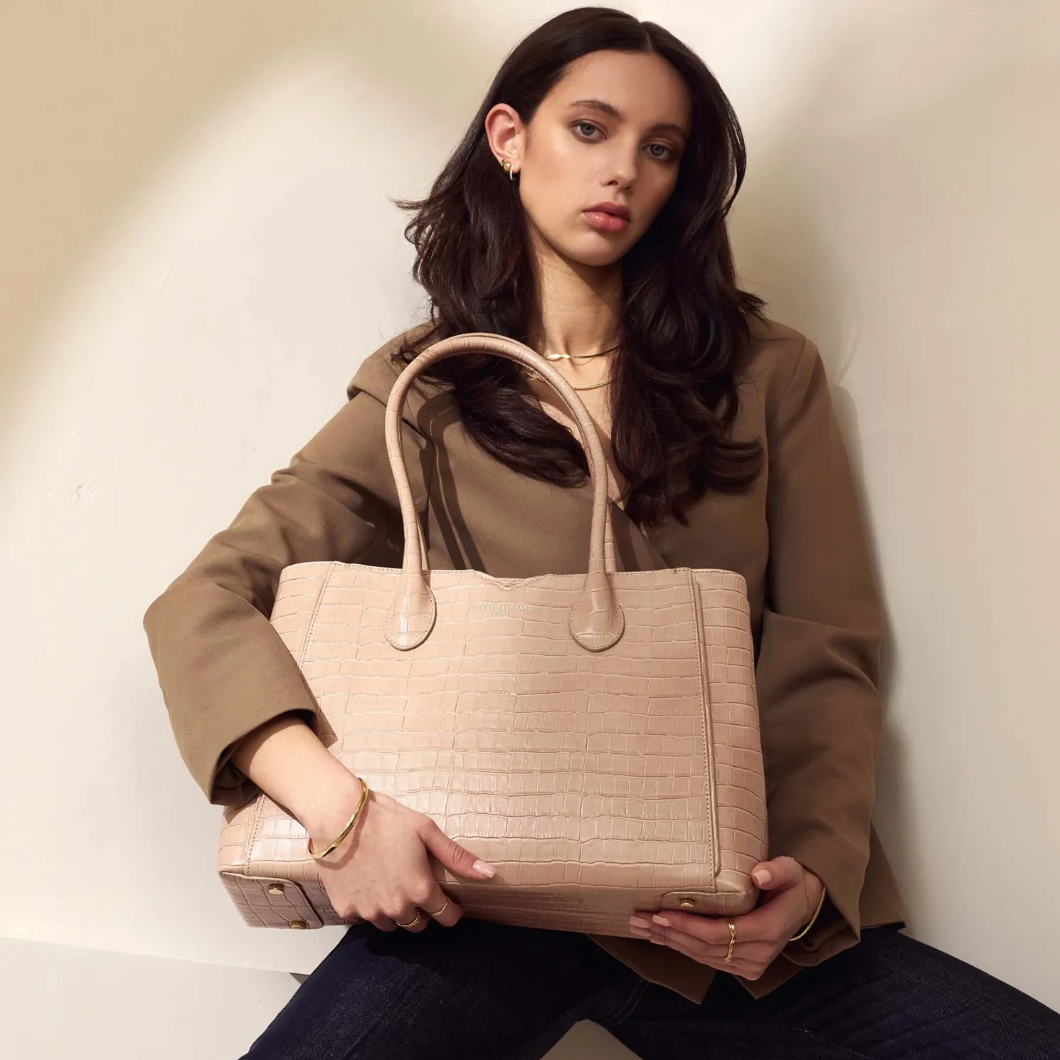 Honoré Cloe Midi croco beige leren handtas van kalfsleer