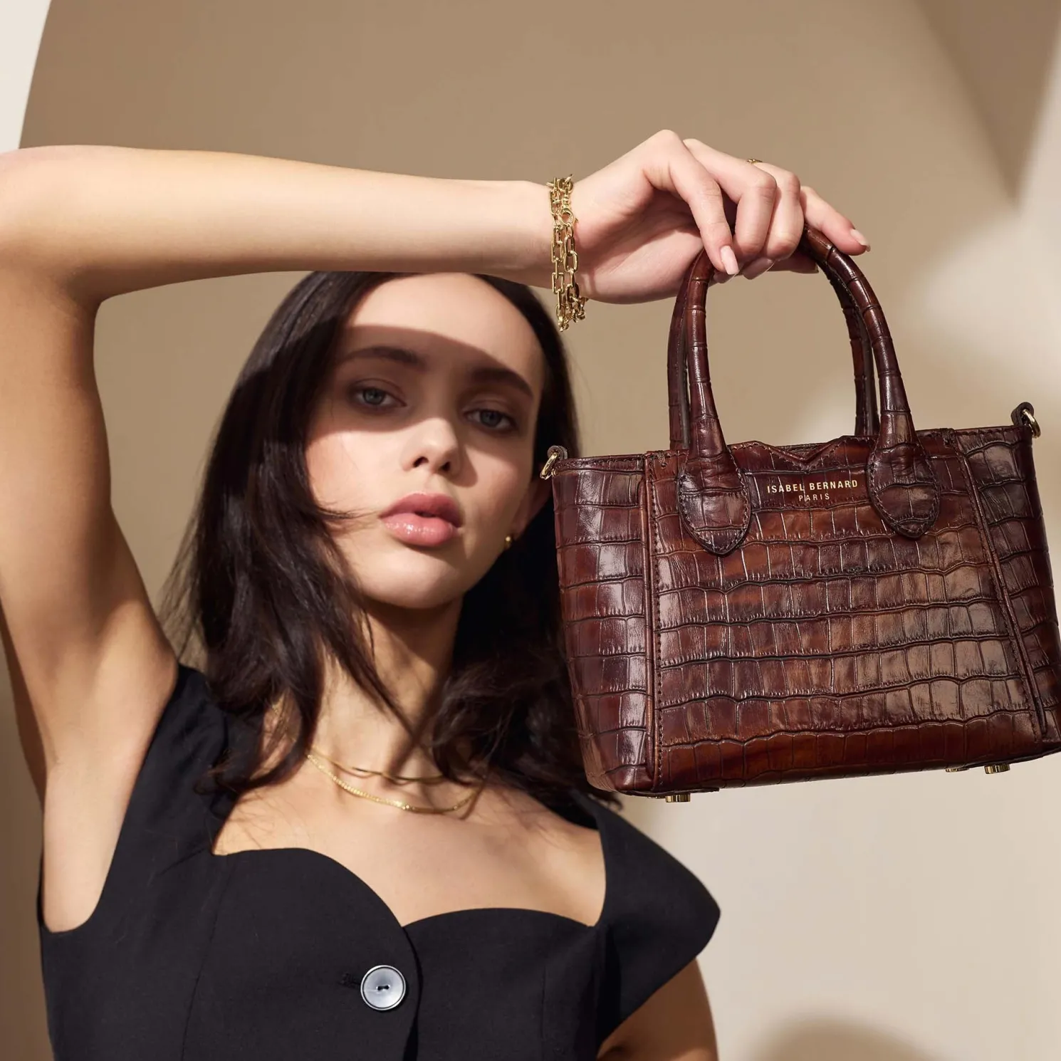 Honoré Cloe Mini croco bruine leren handtas van kalfsleer