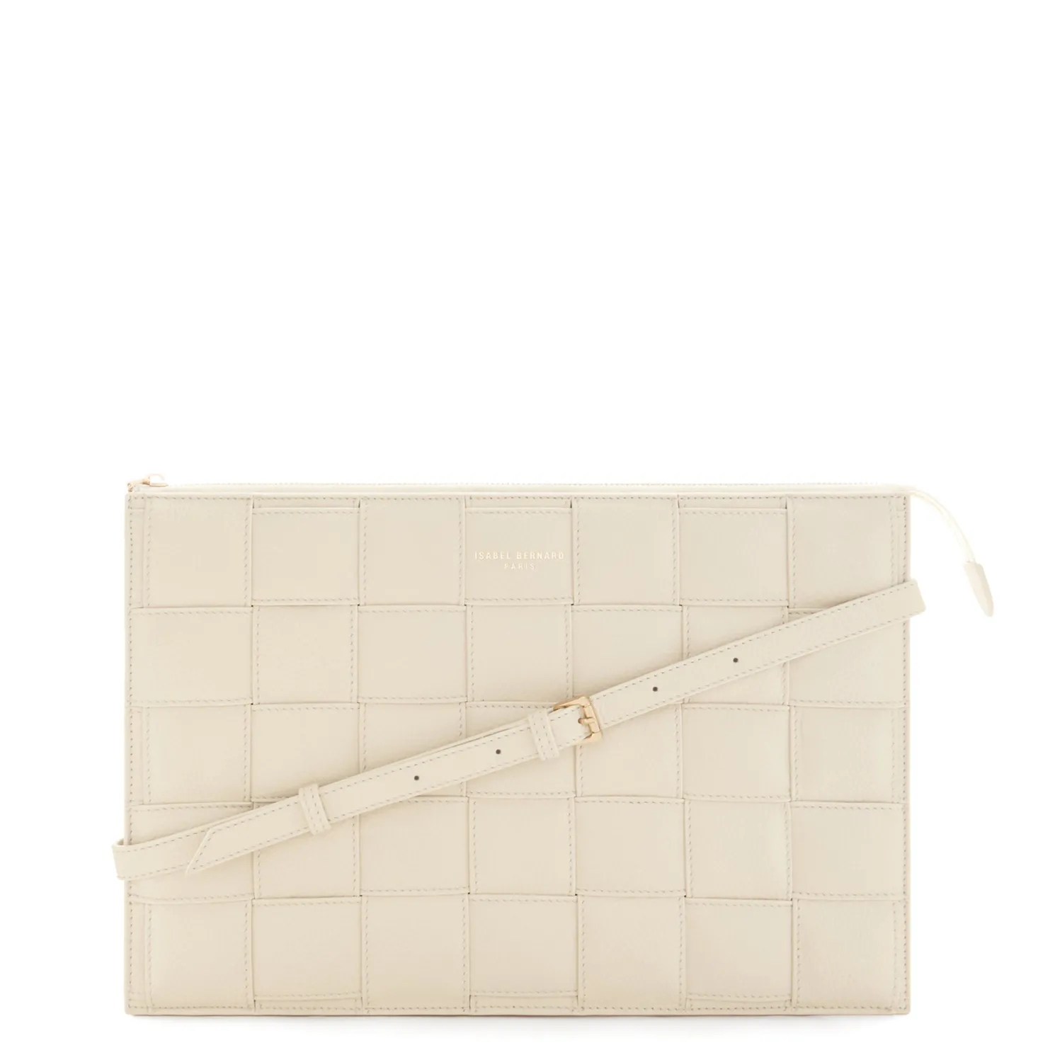 Honoré Cosette crème leren laptop hoes van gevlochten kalfsleer met schouderriem