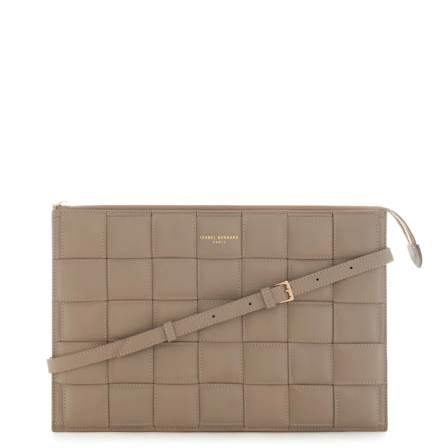 Honoré Cosette taupe leren laptop hoes van gevlochten kalfsleer met schouderriem