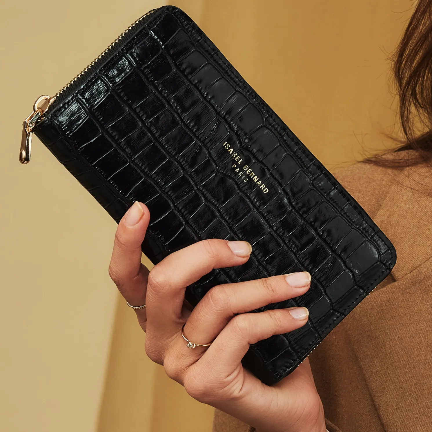 Honoré Léa croco zwarte leren ritsportemonnee van kalfsleer