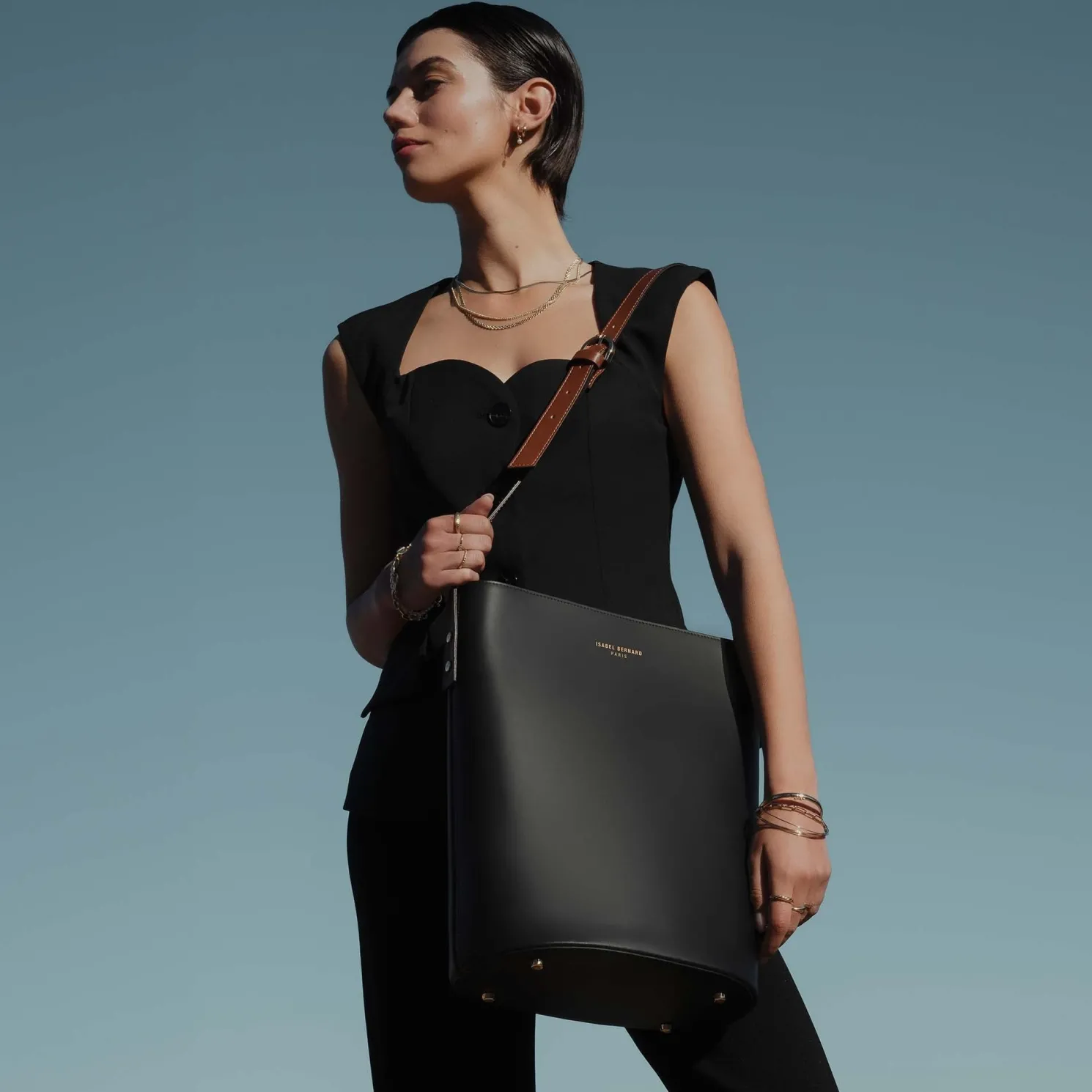 Honoré Lora zwarte leren schoudertas van kalfsleer met laptopvak