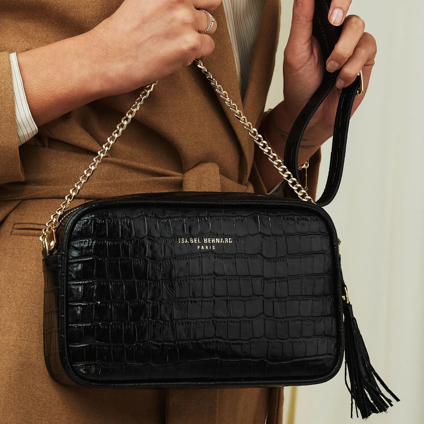 Honoré Lucie croco zwarte leren crossbody tas van kalfsleer