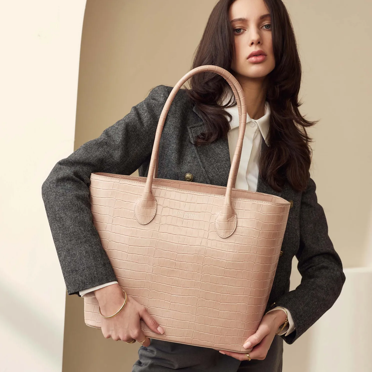 Honoré Lysanne croco beige leren shopper van kalfsleer